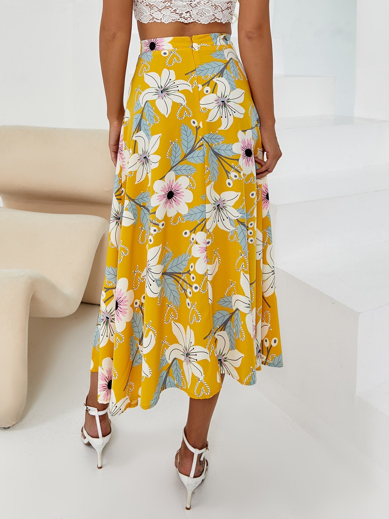 Floral Print Split Skirt