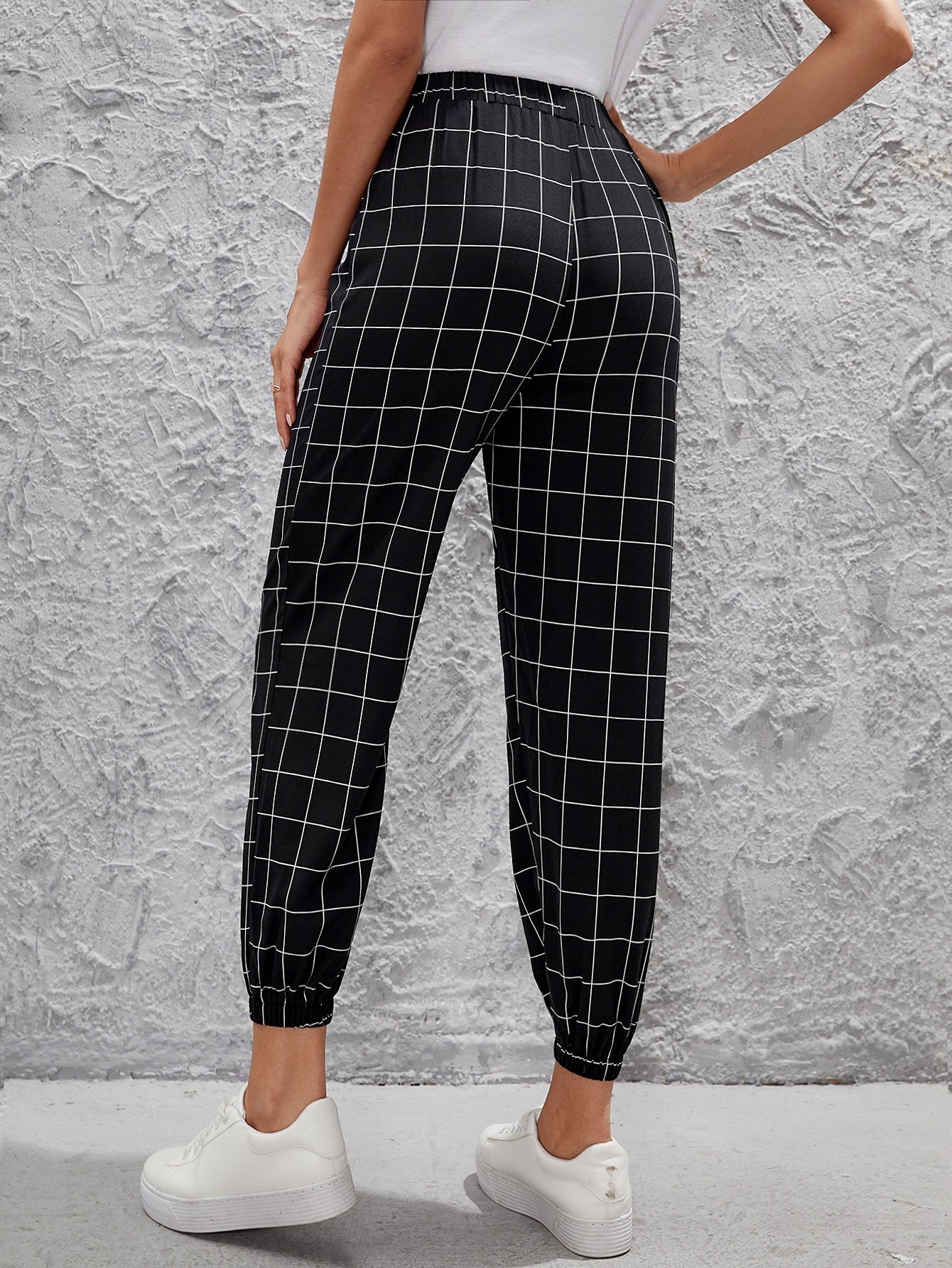 Windowpane Print Elastic Waist Joggers