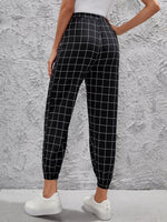 Windowpane Print Elastic Waist Joggers