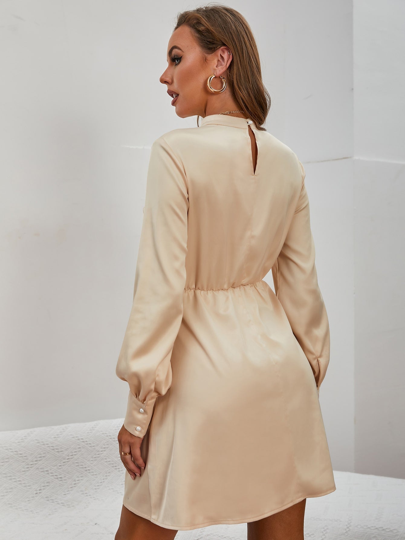 Solid Belted Stand Collar Dress