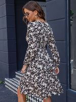 Allover Floral Print Shirred Waist Bishop Sleeve layer Hem Dress
