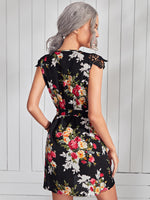 Notch Neck Guipure Lace Belted Floral Dress