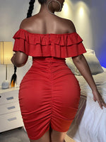 Off Shoulder Ruffle Trim Ruched Bodycon Dress