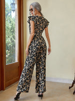 1pc Floral Print Ruffle Trim Belted Jumpsuit