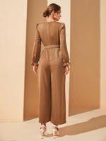 1Pc Flounce Sleeve Zip Back Belted Wide Leg Jumpsuit