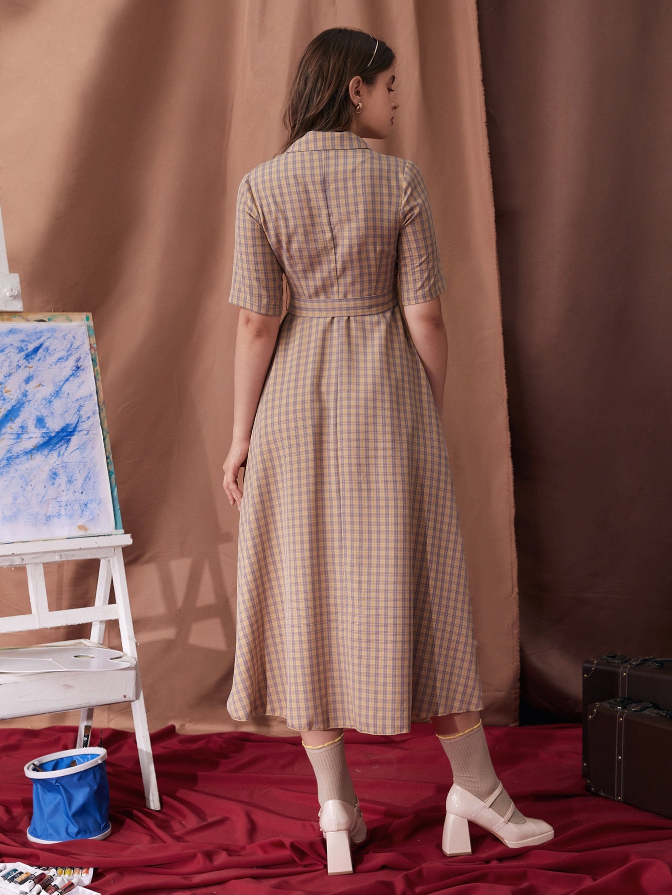 Plaid Lapel Collar Belted Dress