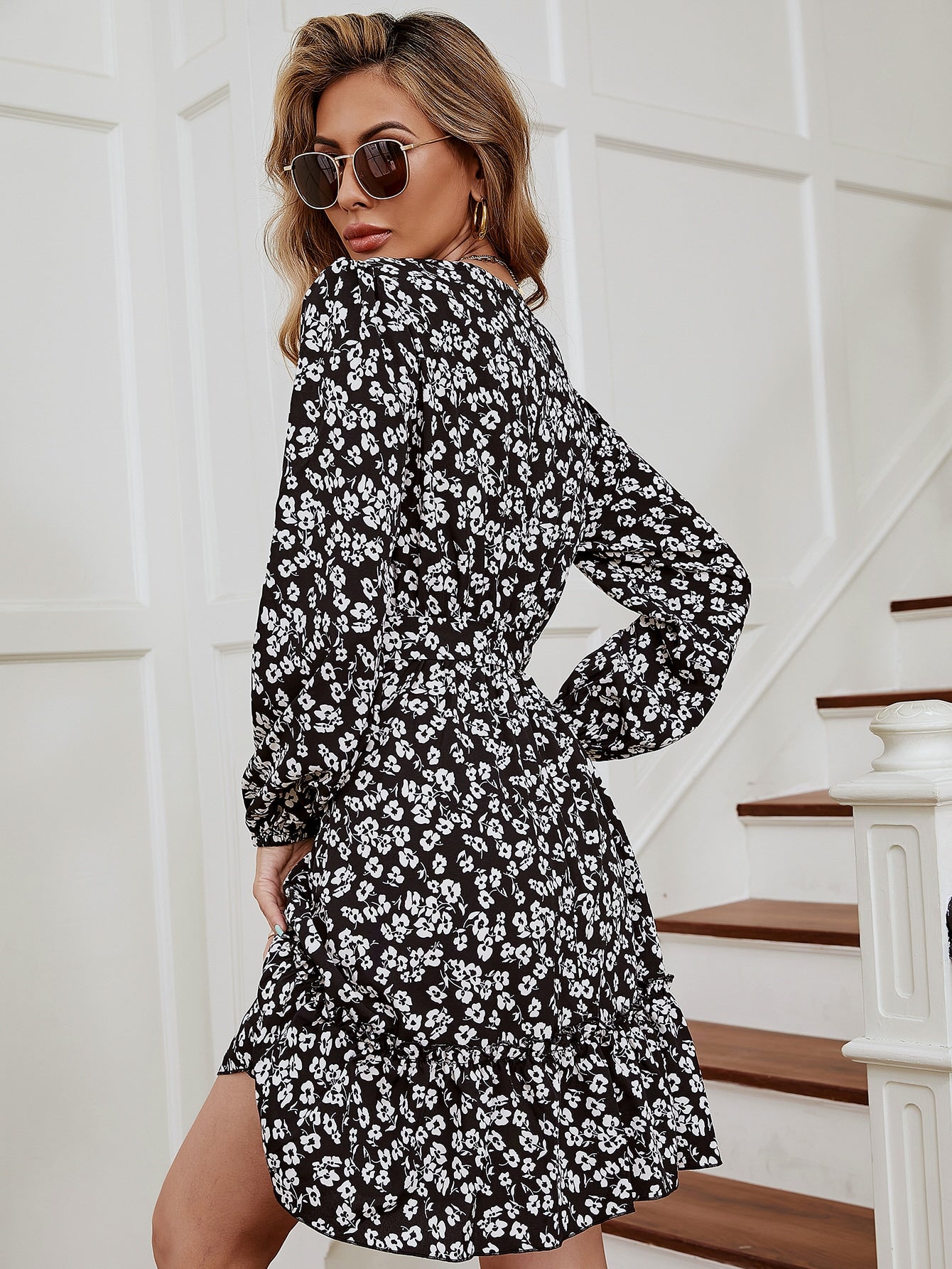 Ditsy Floral Bishop Sleeve Ruffle Hem Belted Dress