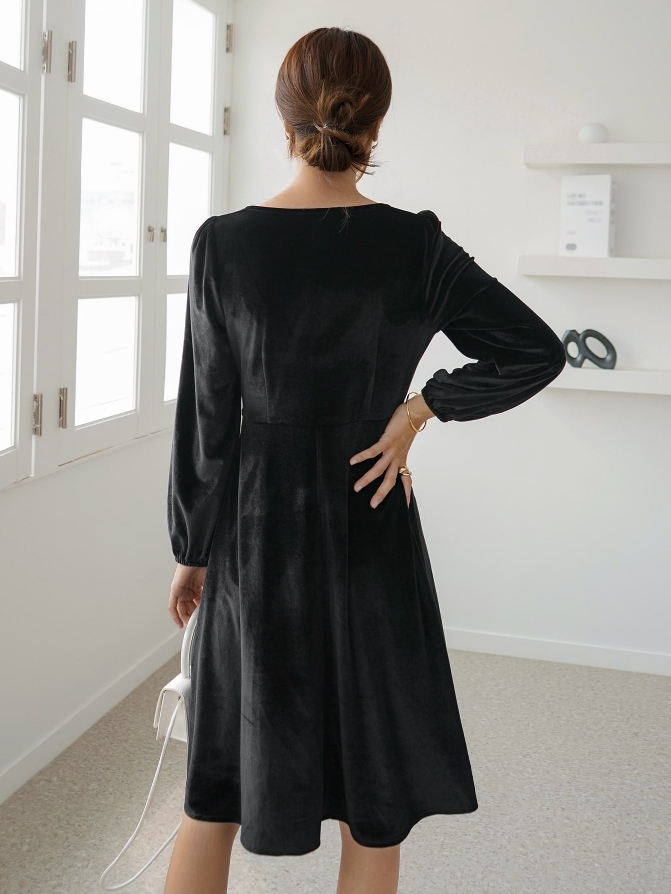 Square Neck Lantern Sleeve Velvet Dress