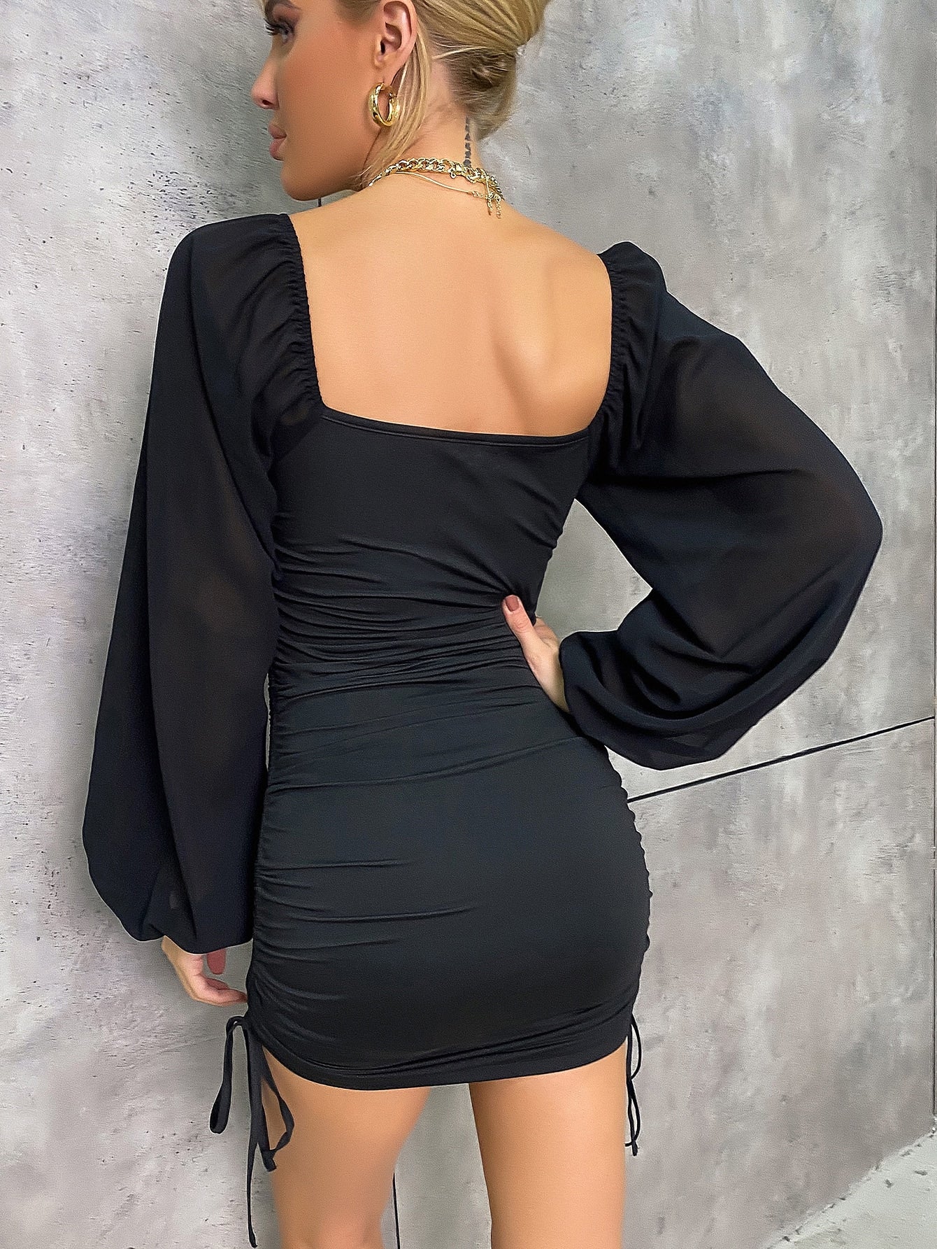 Lantern Sleeve Drawstring Side Bodycon Dress