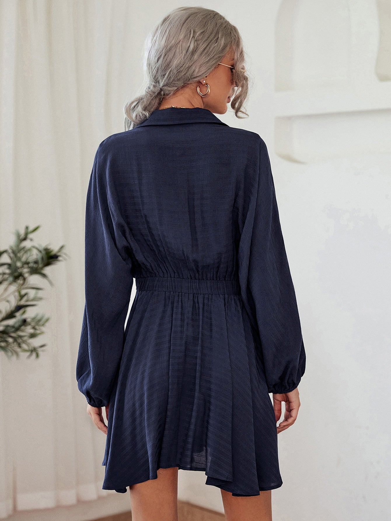 Flap Detail Knotted Front Lantern Sleeve Half Button Shirt Dress