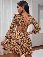 Zebra Stripe Lace Up Back Lantern Sleeve Cut Out Ruffle Hem Dress