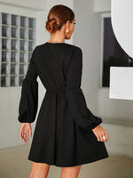 Overlap Collar Bishop Sleeve Tie Front Dress