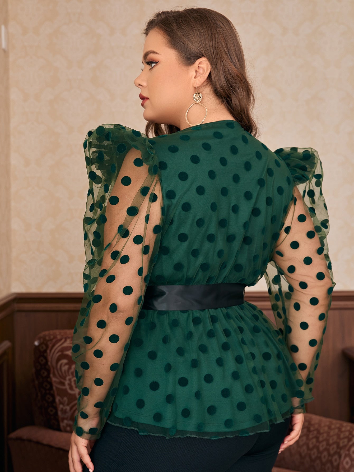 Plus Polka Dot Gigot Sleeve Belted Mesh Peplum Blouse