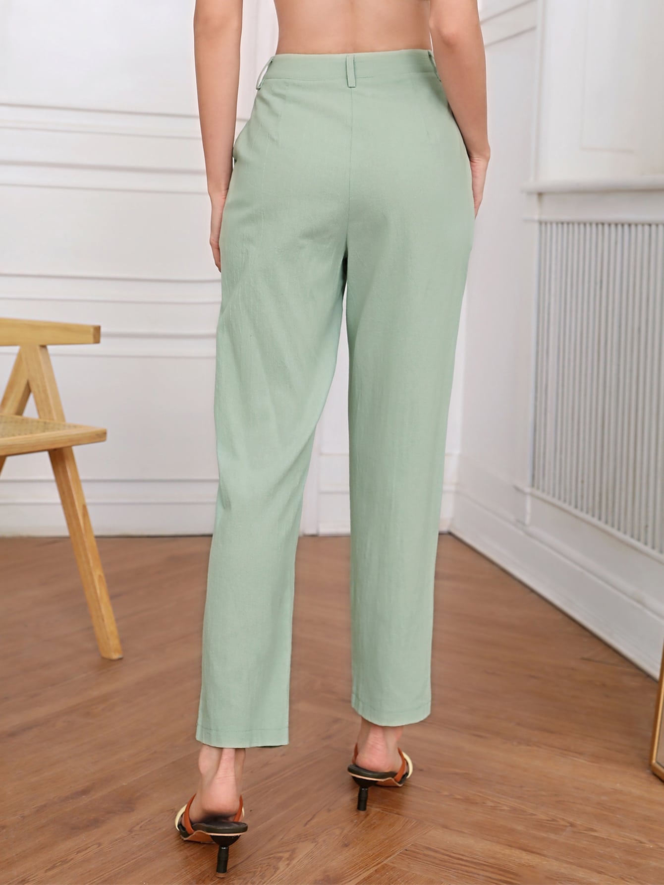 High Waist Plicated Slant Pockets Tailored Pants