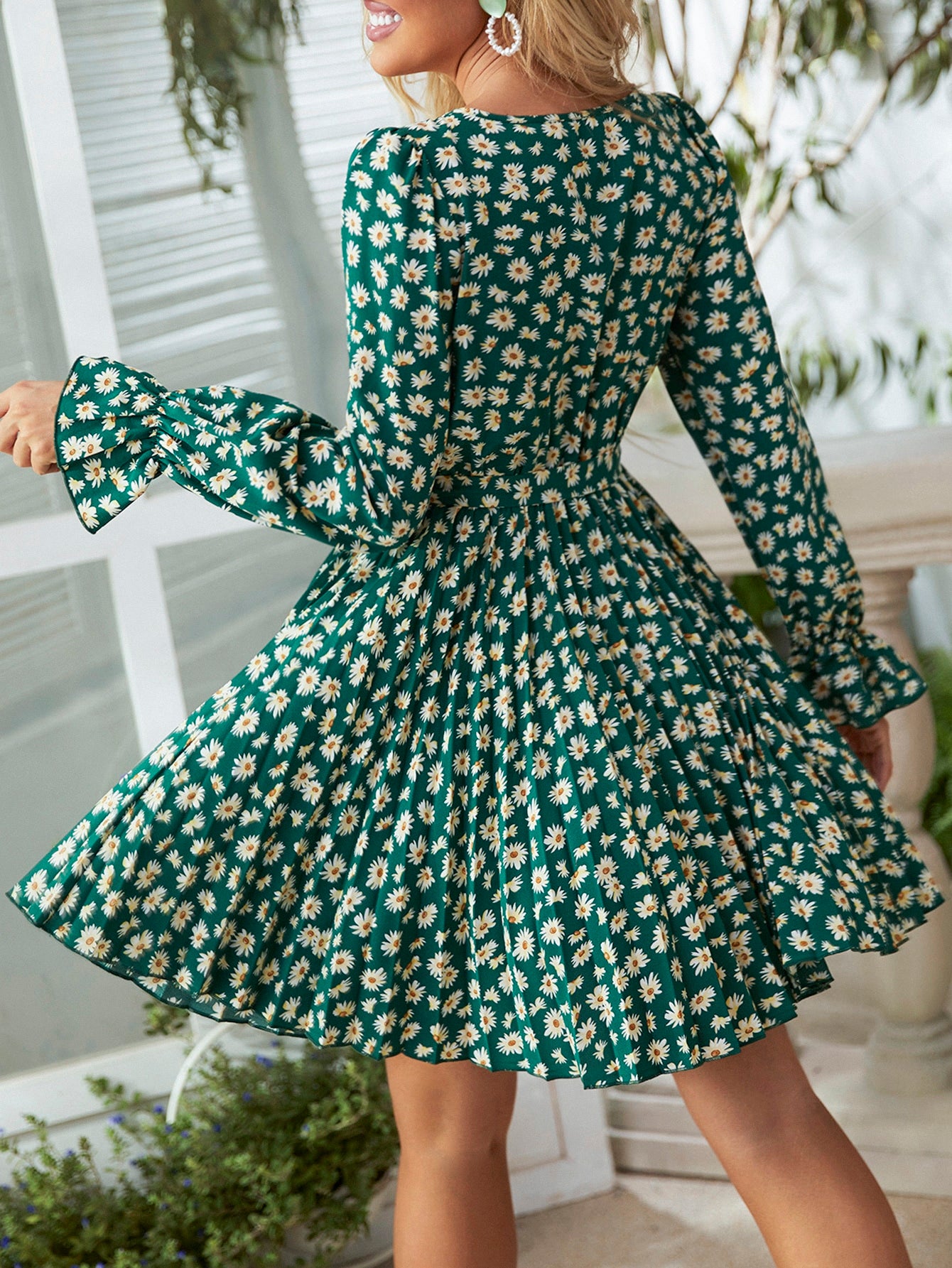 Floral Print Surplice Neck Flounce Sleeve Pleated Hem Belted Dress