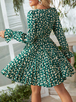 Floral Print Surplice Neck Flounce Sleeve Pleated Hem Belted Dress