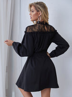 Mock Neck Contrast Lace Frill Trim Belted Lantern Sleeve Dress