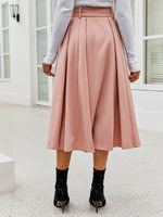 Button Detail Fold Pleated Belted Skirt