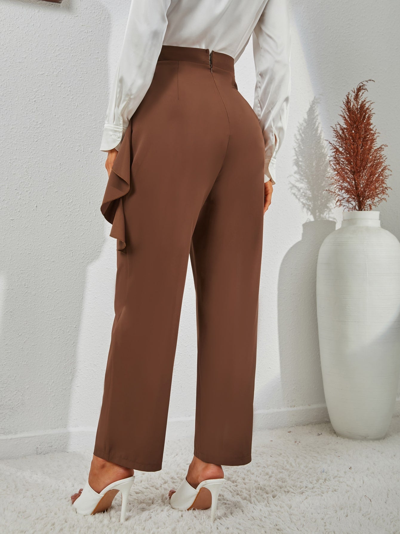 High Waist Ruffle Trim Pants