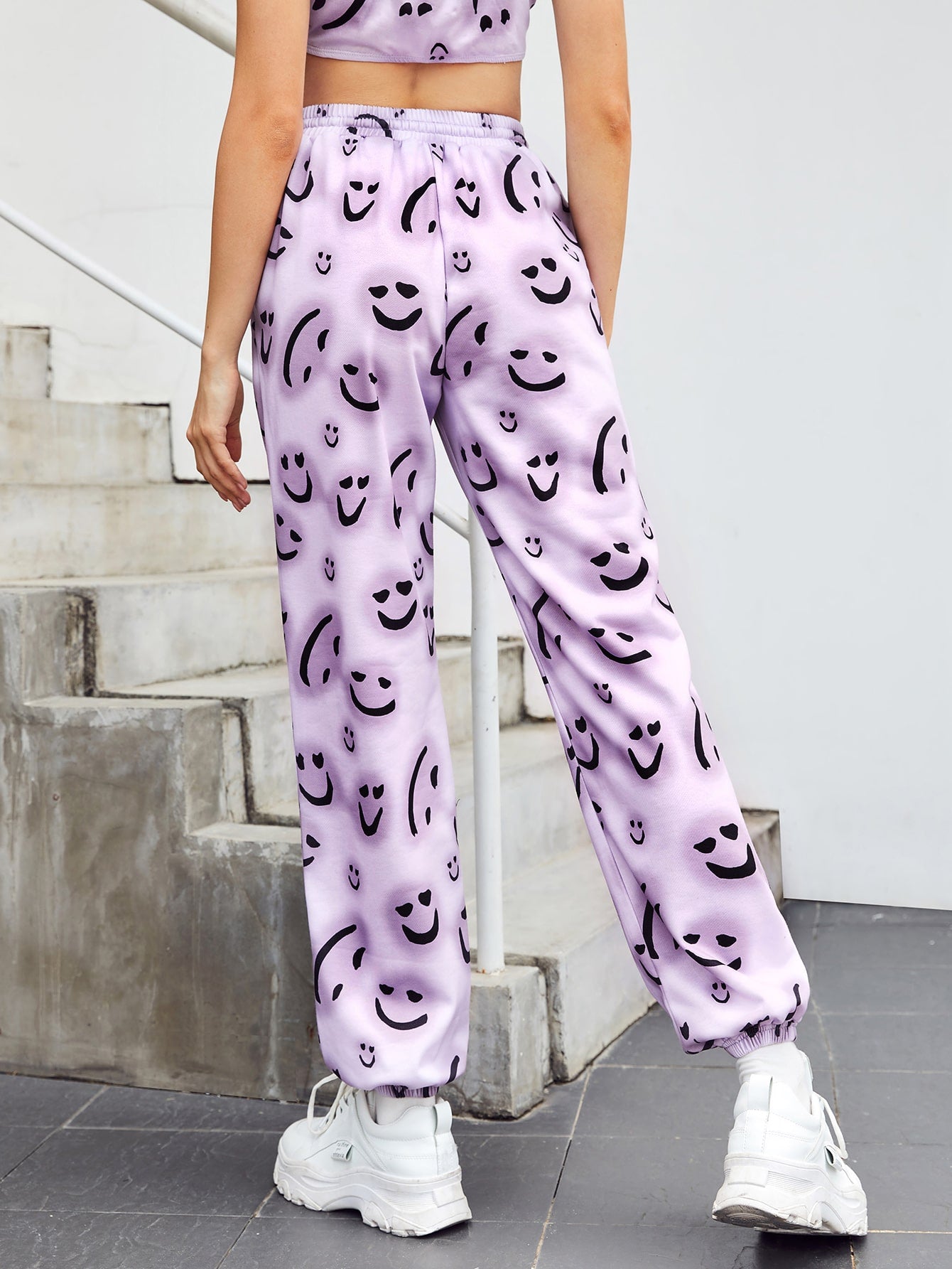 Cartoon Face Print Drawstring Waist Slant Pocket Sweatpants