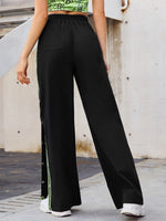 Button Side Drawstring Waist Wide Leg Pants