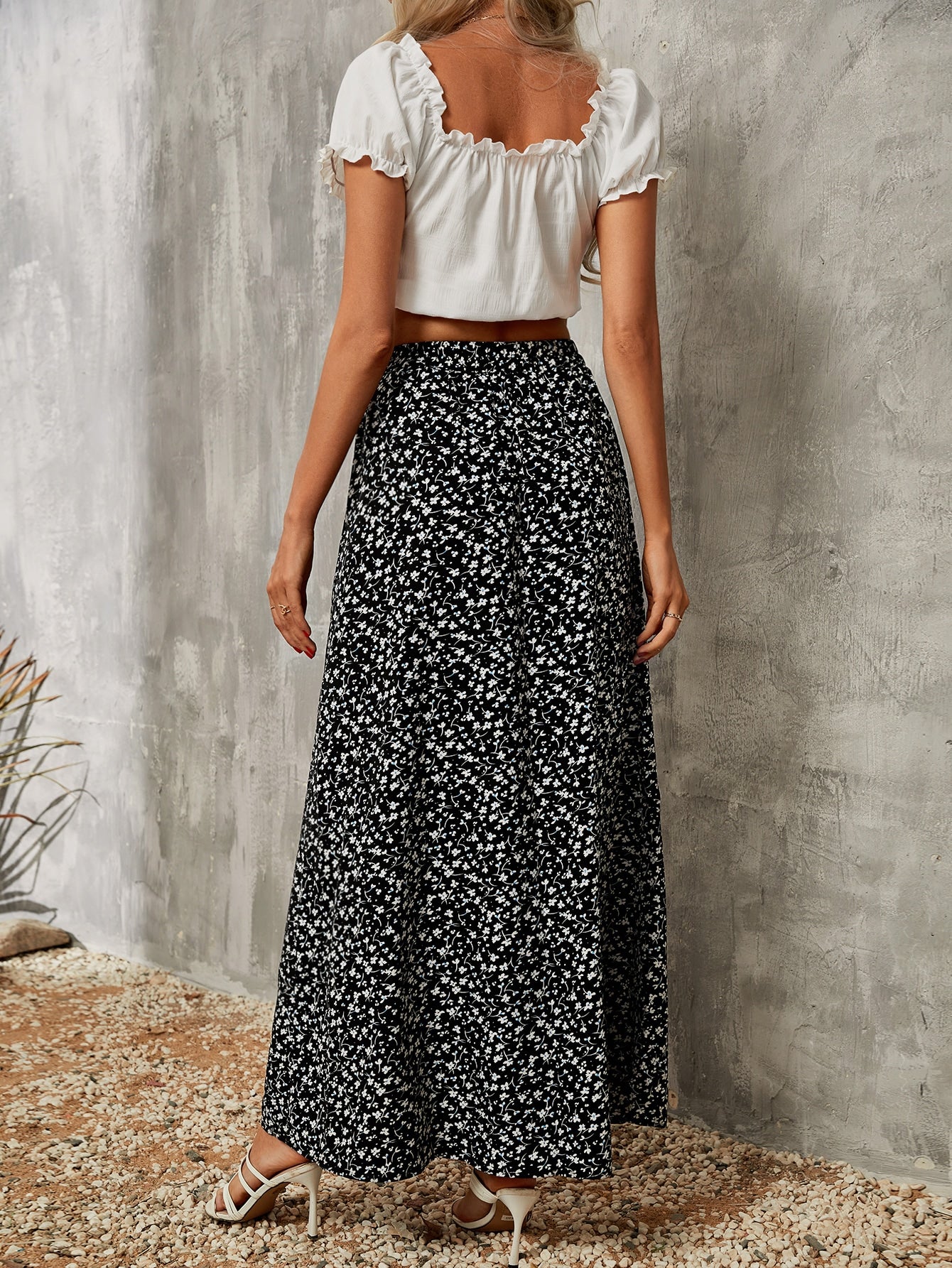 High Waist Ditsy Floral Split Thigh Skirt