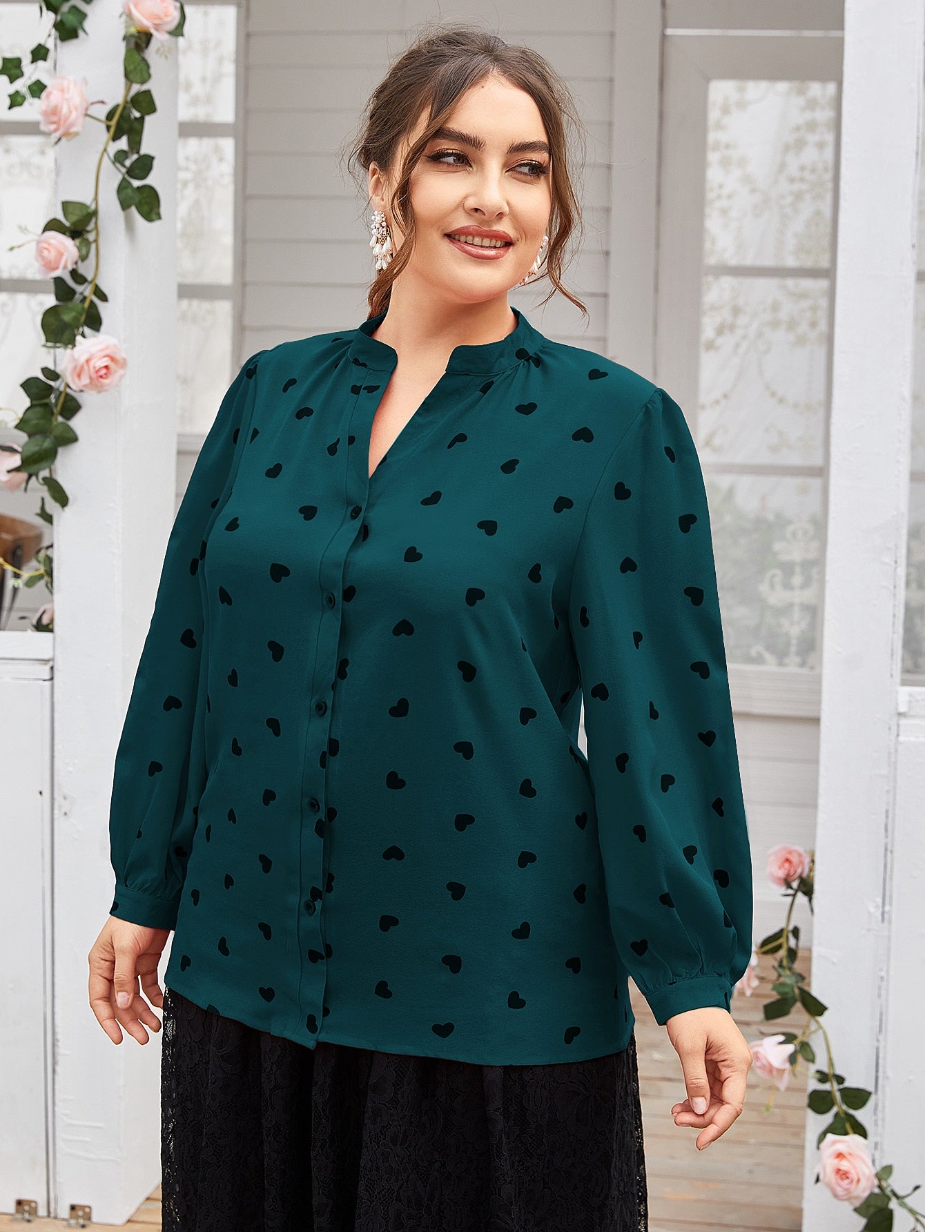 Plus Notched Neck Heart Print Blouse