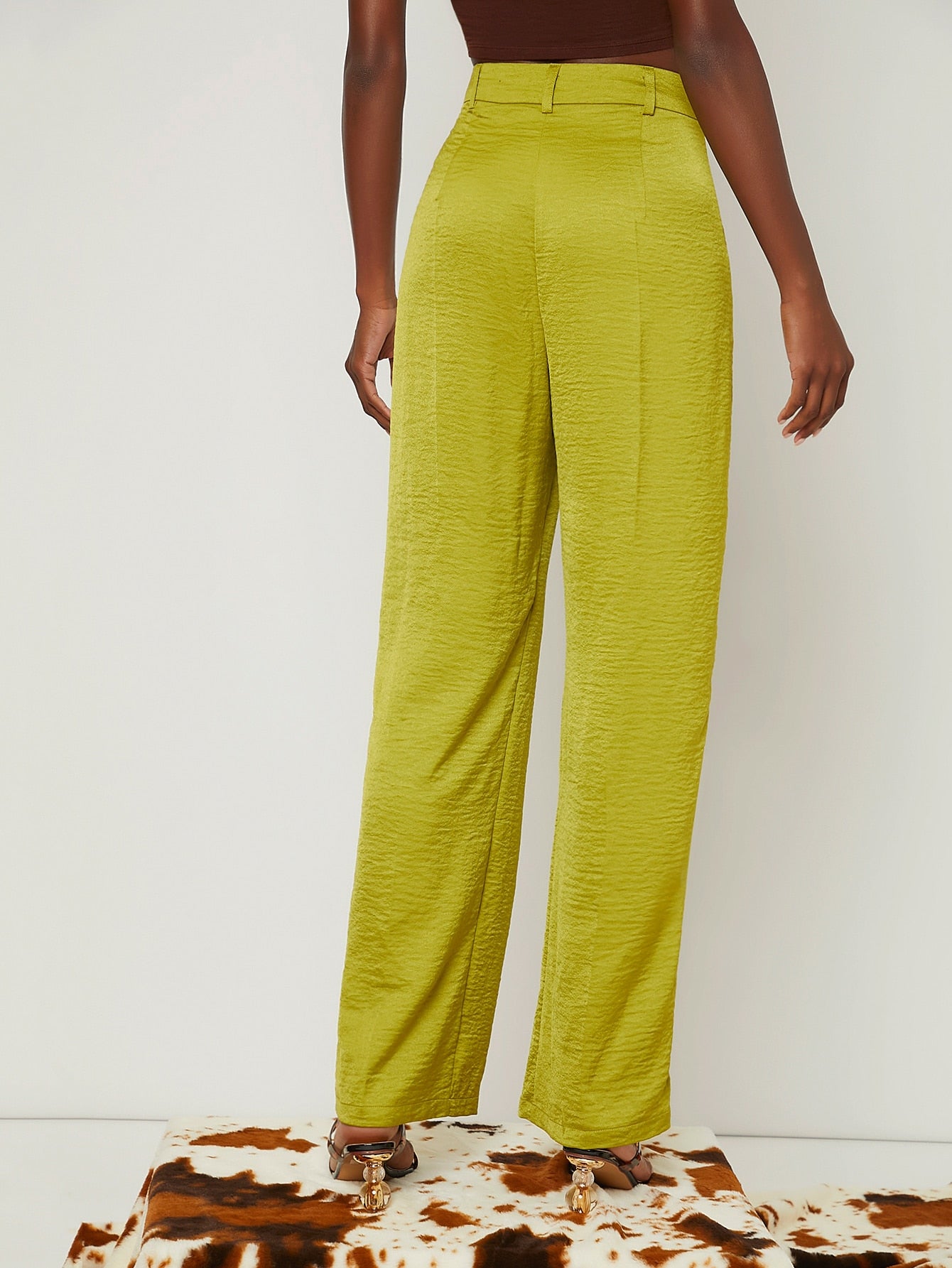 High Waist Slant Pockets Satin Pants