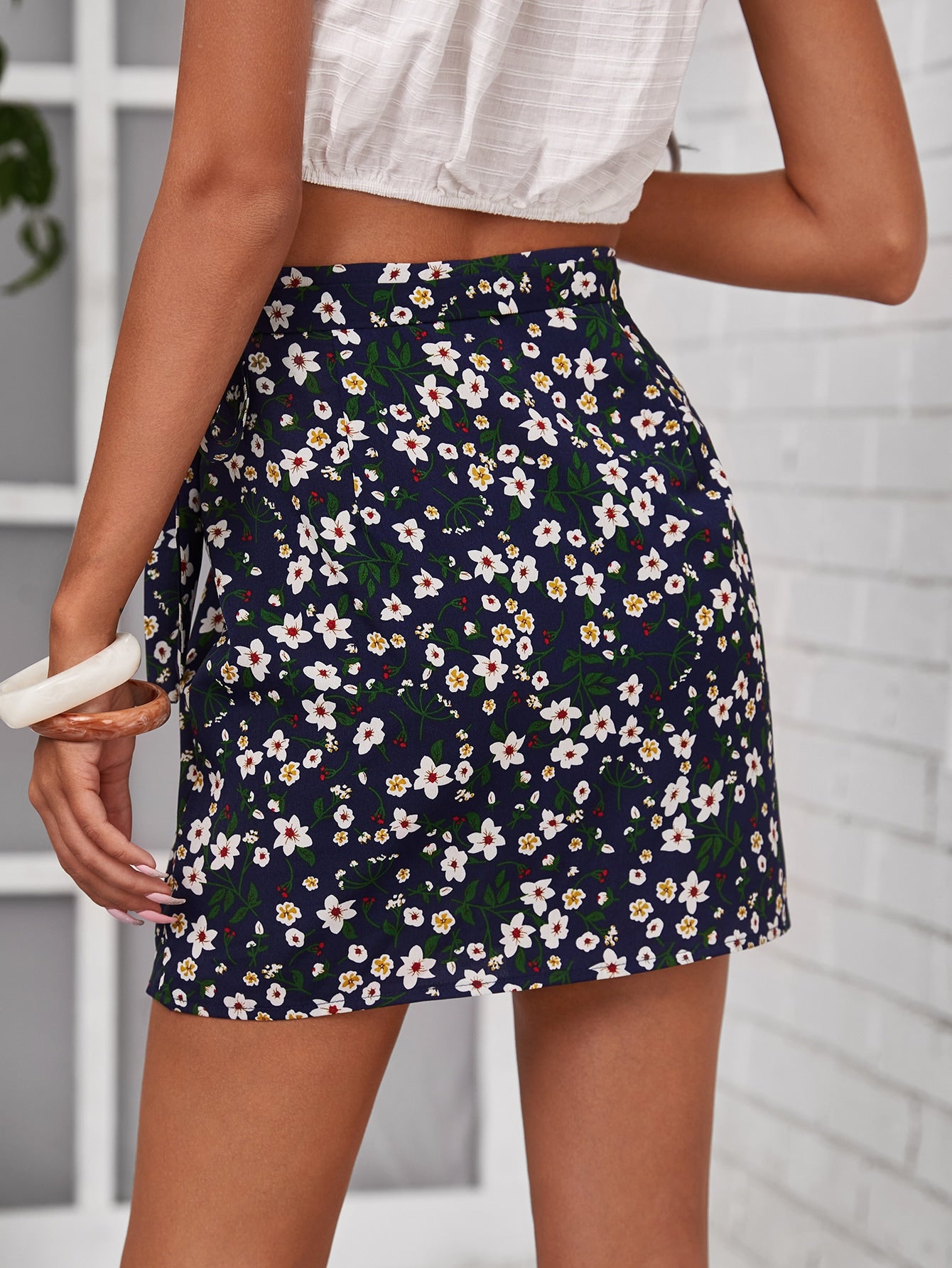 Floral Print Tie Side Wrap Skirt