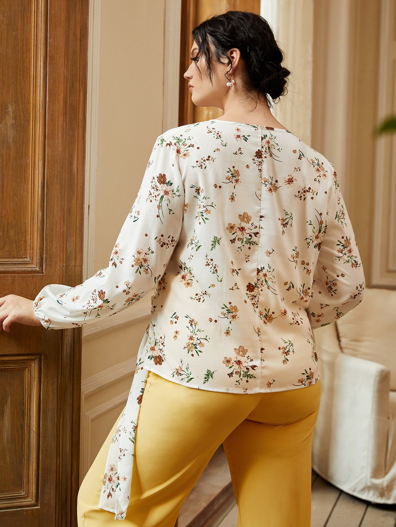 Plus Floral Print Tie Side Wrap Blouse