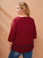 Plus Roll Tab Sleeve Guipure Lace Panel Swiss Dot Top