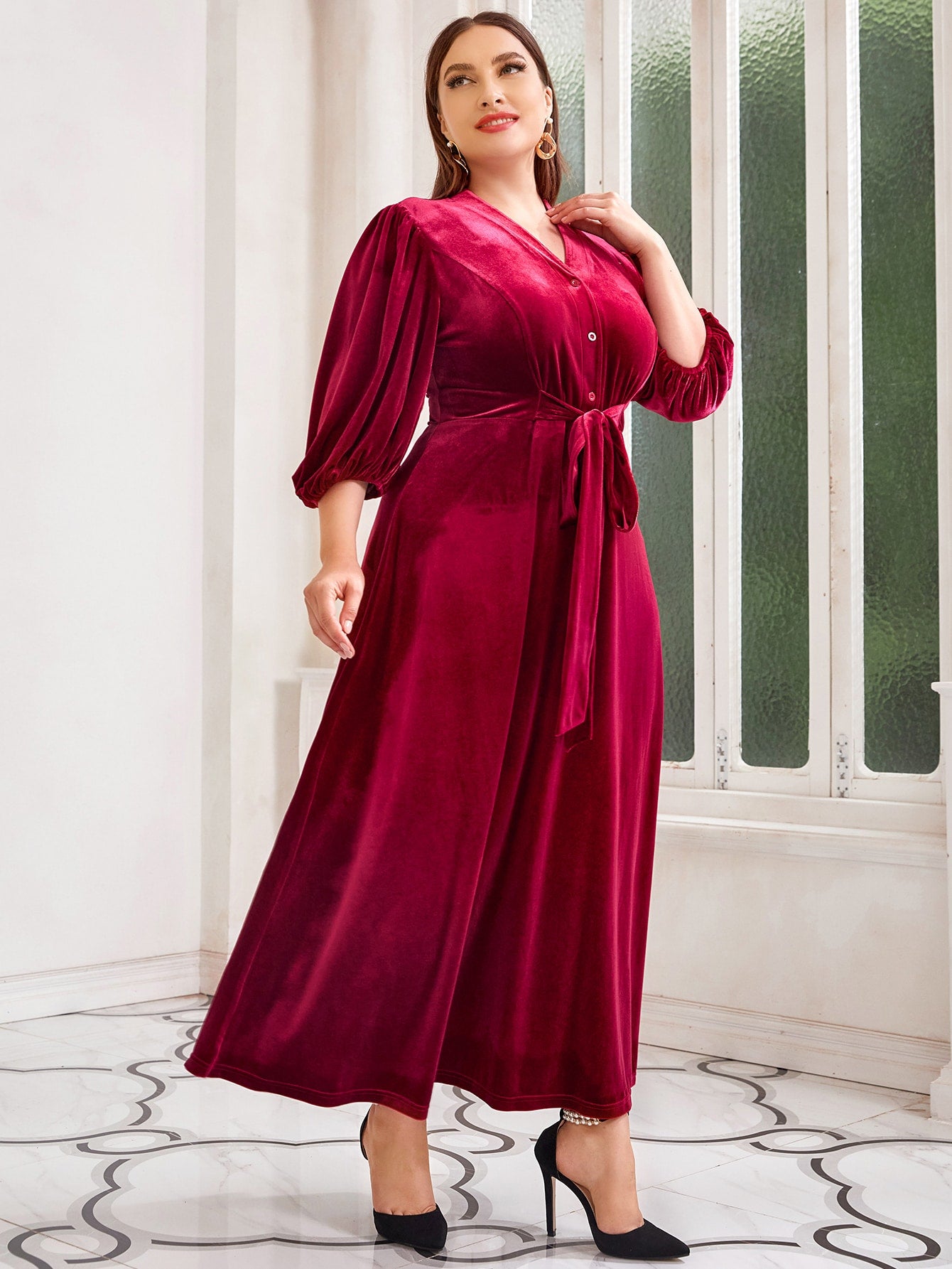 Plus Lantern Sleeve Button Front Belted Velvet Dress