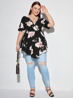Plus Floral Print Surplice Front Peplum Blouse