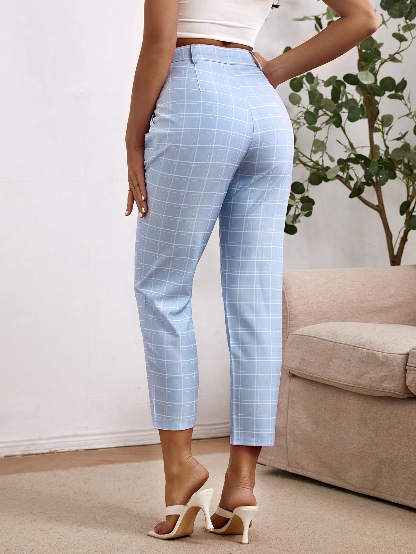 Plaid Print Slant Pocket Fold Pleated Pants