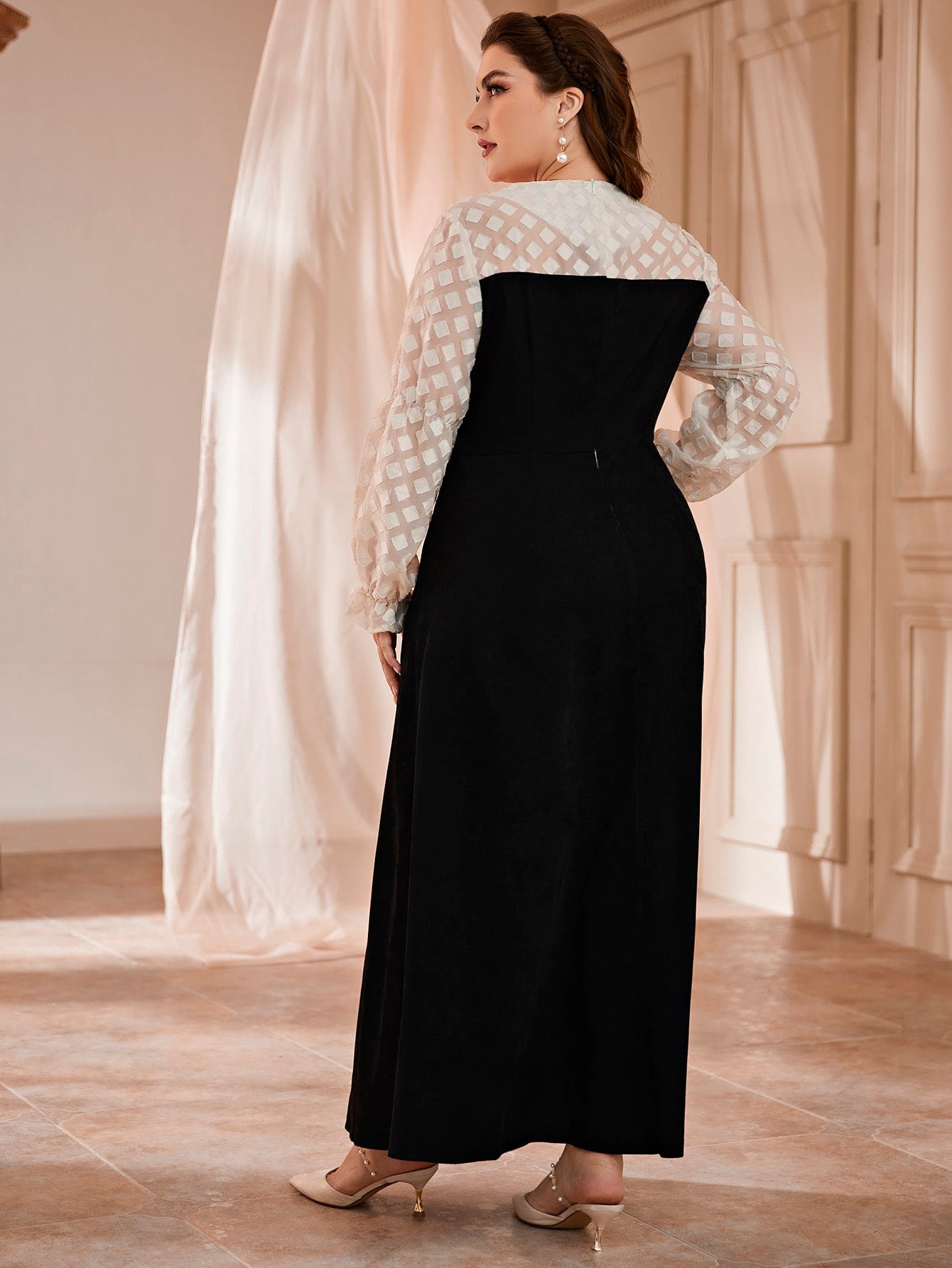 Plus Contrast Mesh Flounce Sleeve Bow Front Velvet Dress