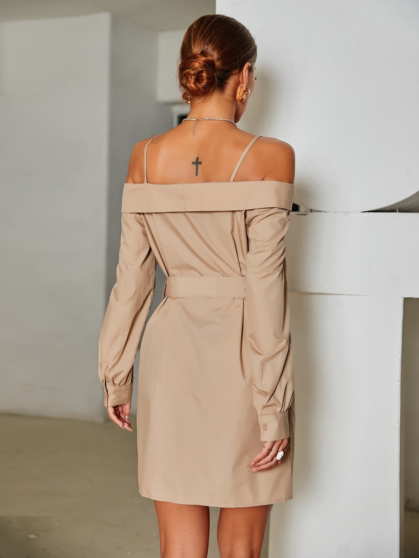 Cold Shoulder Fold Overlay Belted Dress