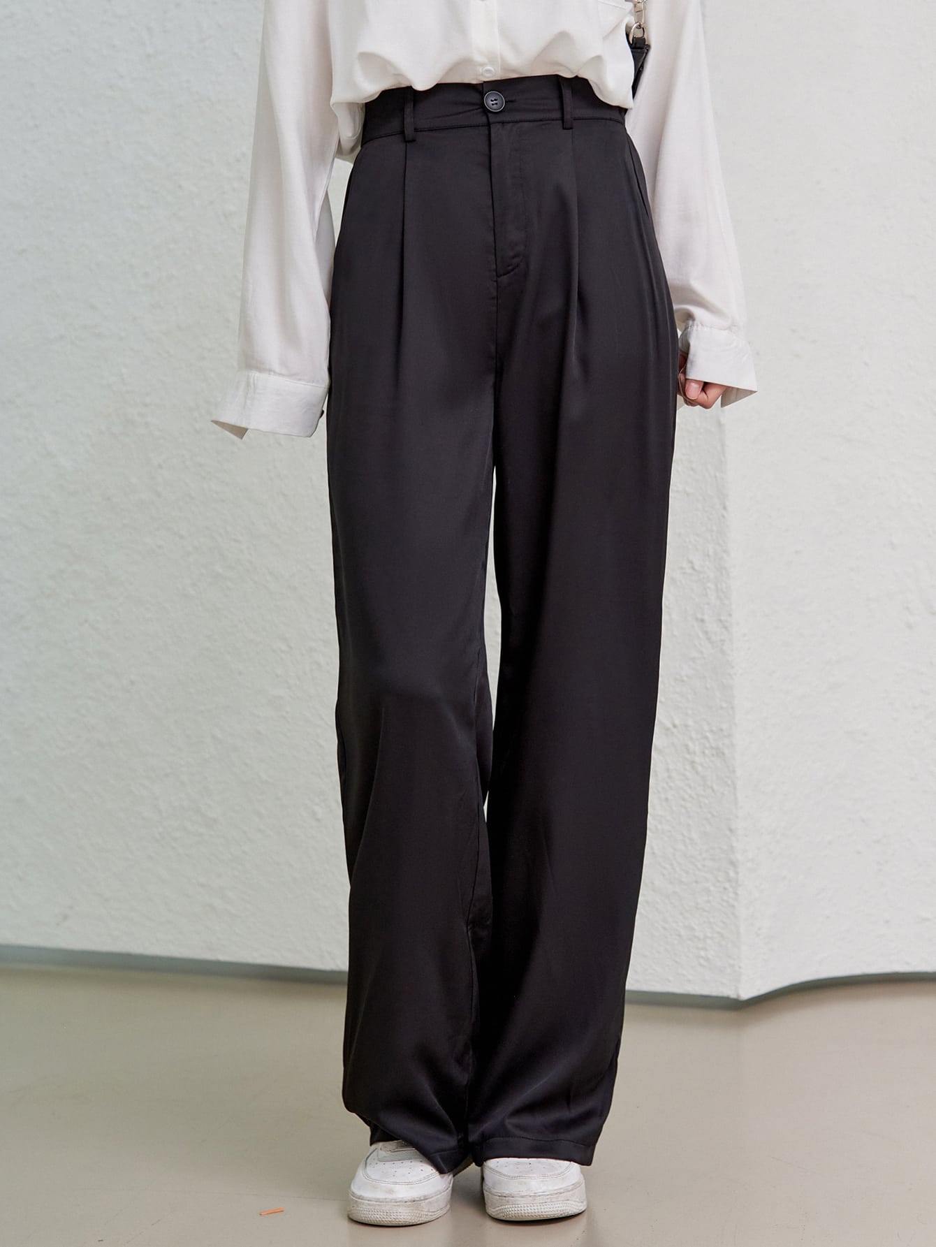 High Waist Fold Pleated Detail Straight Leg Pants