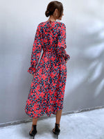 Keyhole Neck Floral Print Flounce Sleeve Dress