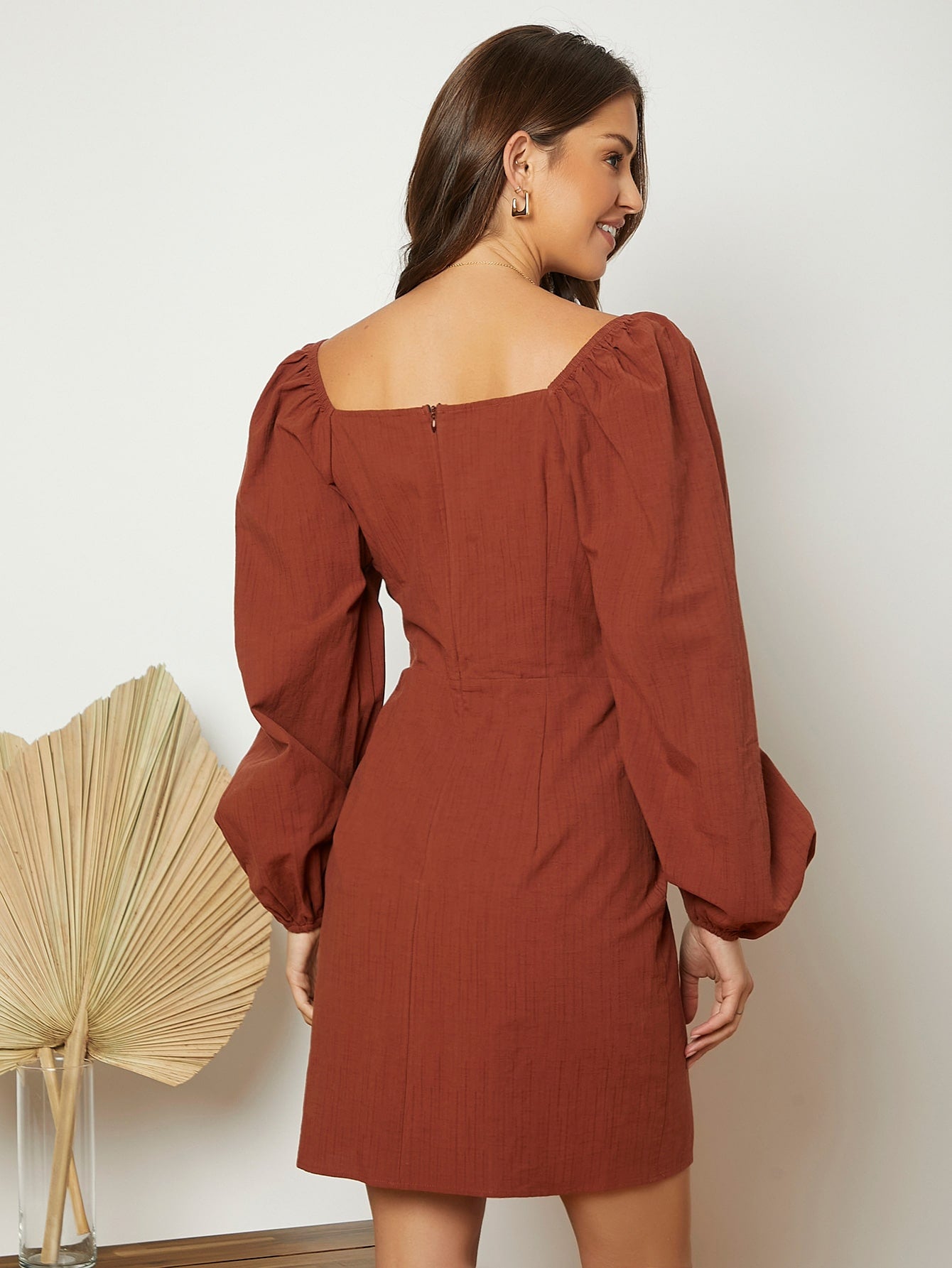 Plunging Neck Bishop Sleeve Zip Back Dress