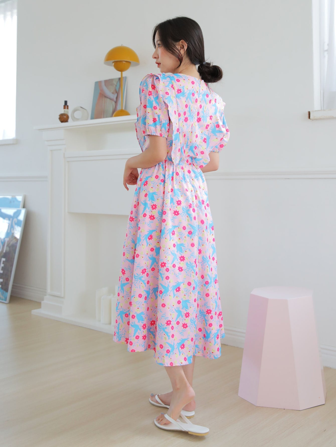 Floral & Bird Print Ruffle Trim Dress