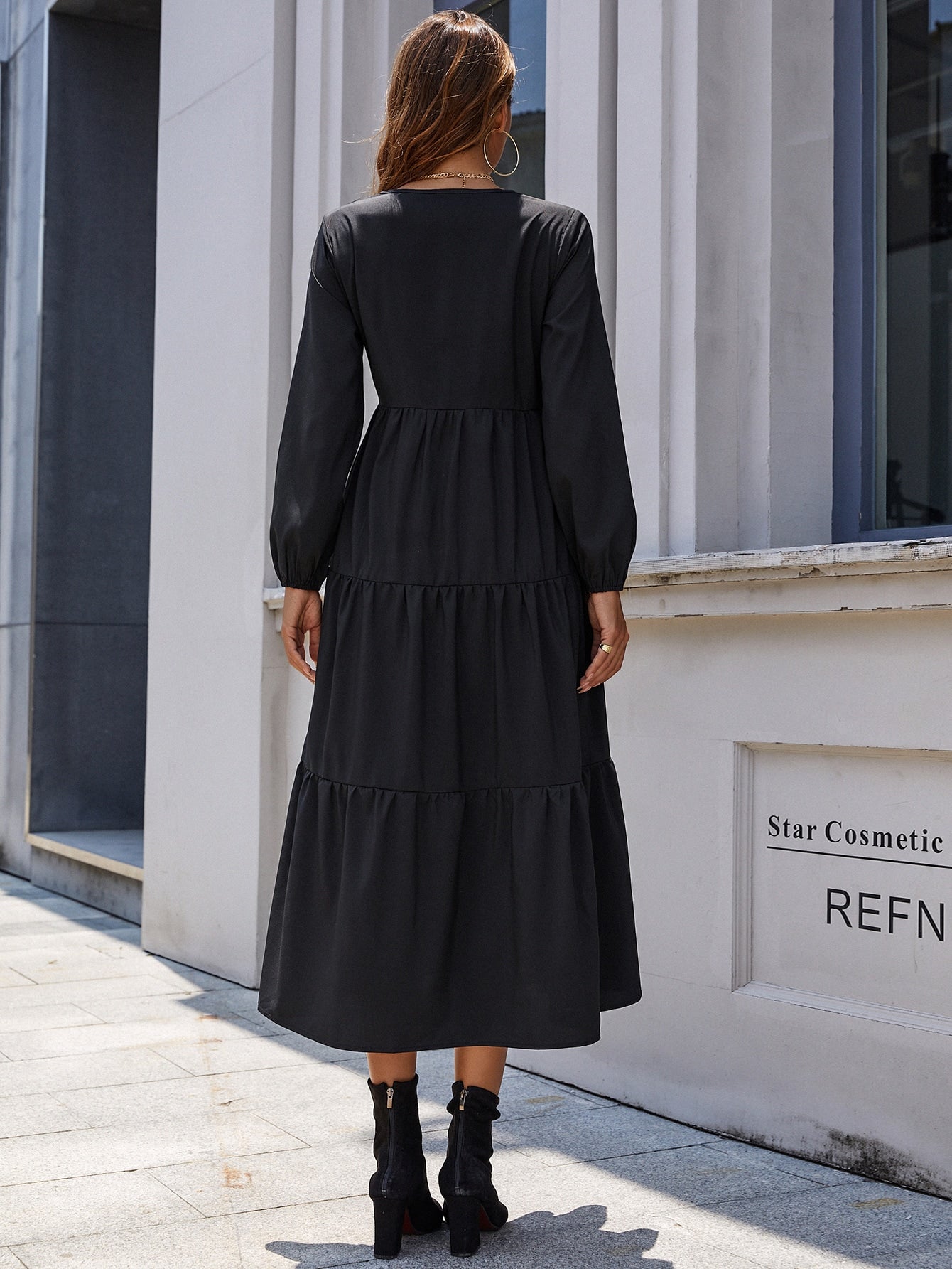 Bishop Sleeve Ruffle Hem V-neck Dress