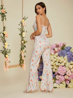 Floral Print Draped Collar Flare Leg Cami Jumpsuit