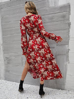 Surplice Neck Floral Print Split Thigh Belted Dress