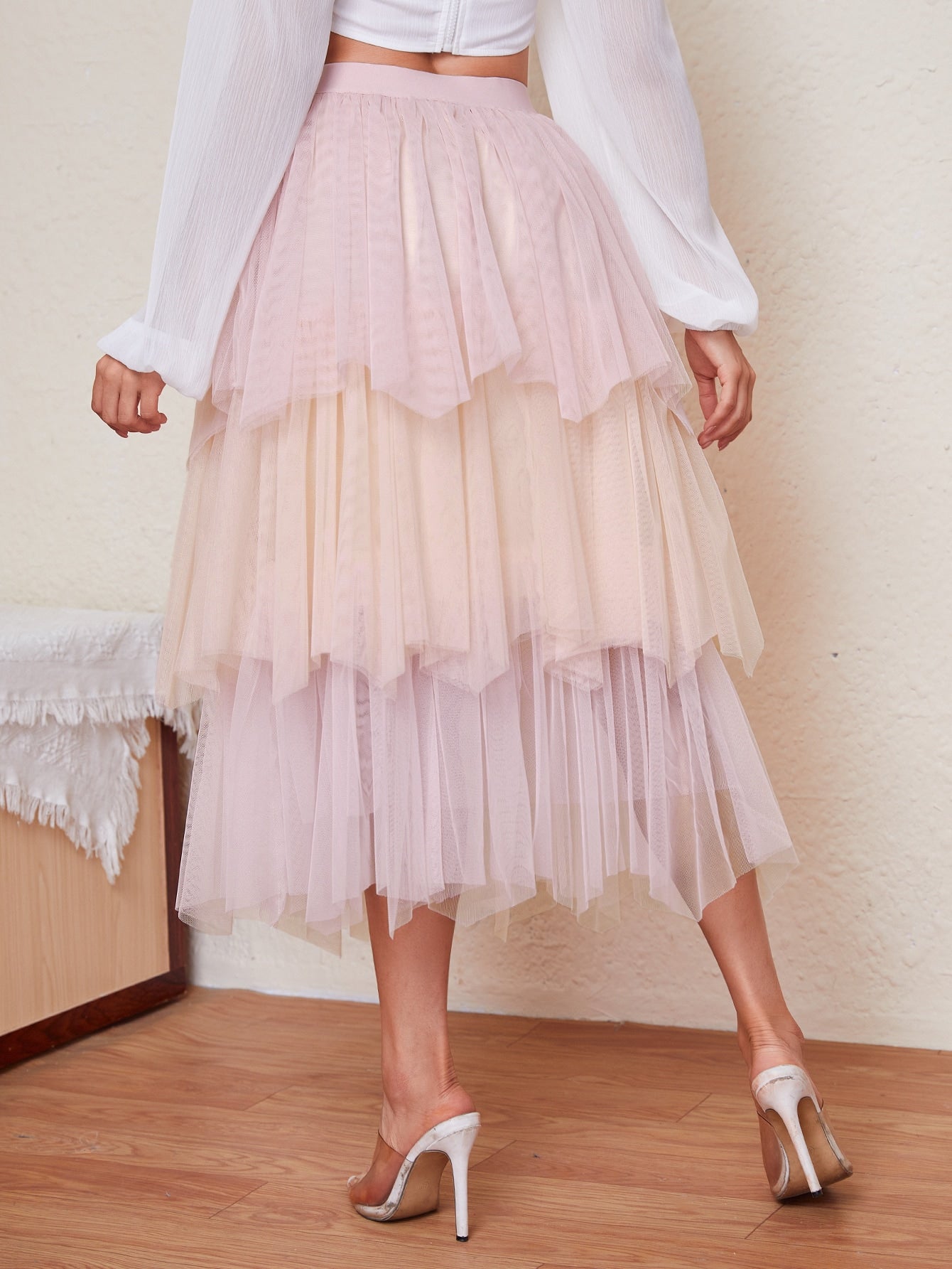 High Waist Layered Hem Mesh Skirt