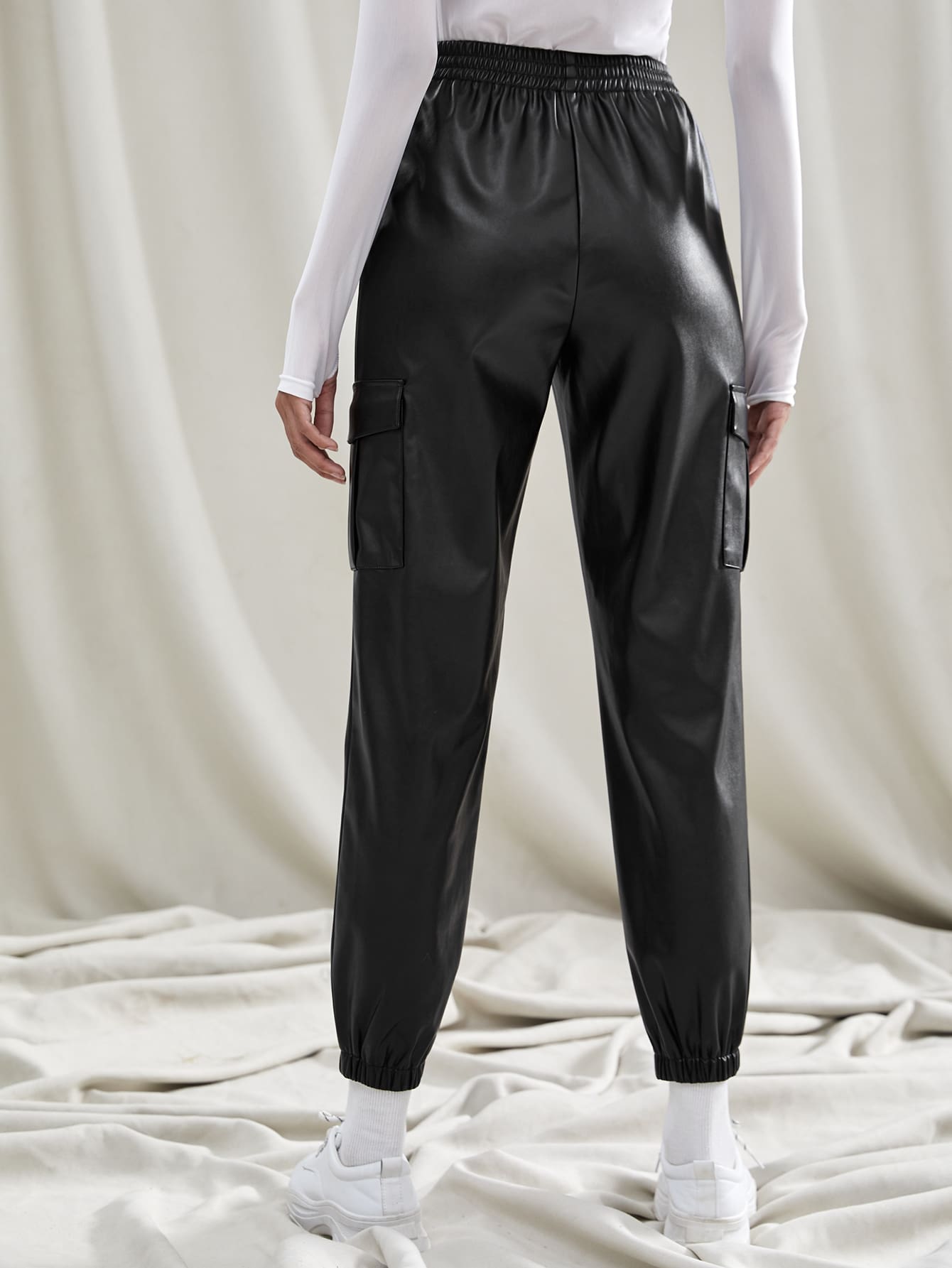 Knot Front Flap Pocket PU Leather Pants
