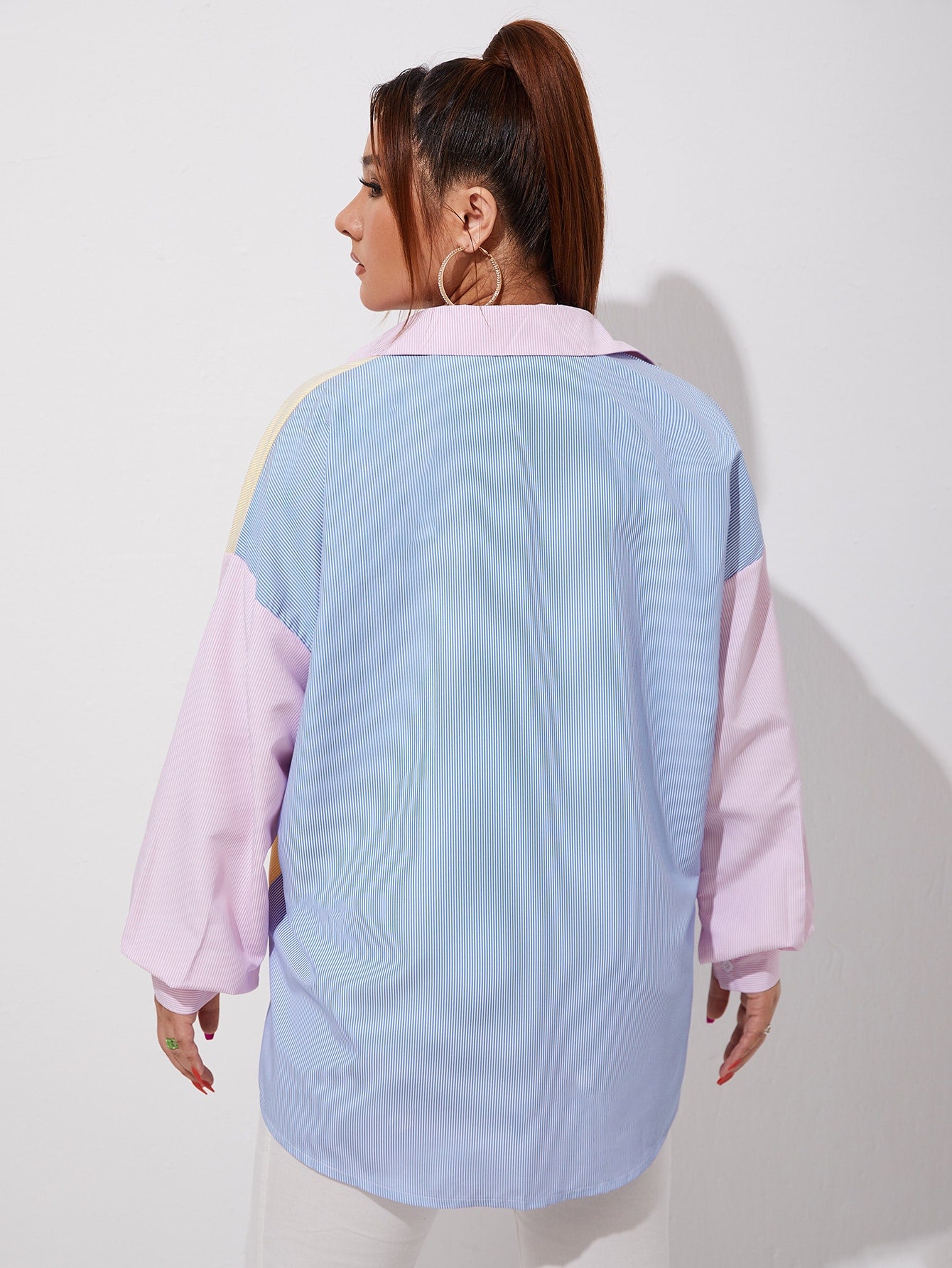 Plus Striped Colorblock Drop Shoulder Patched Pocket Blouse