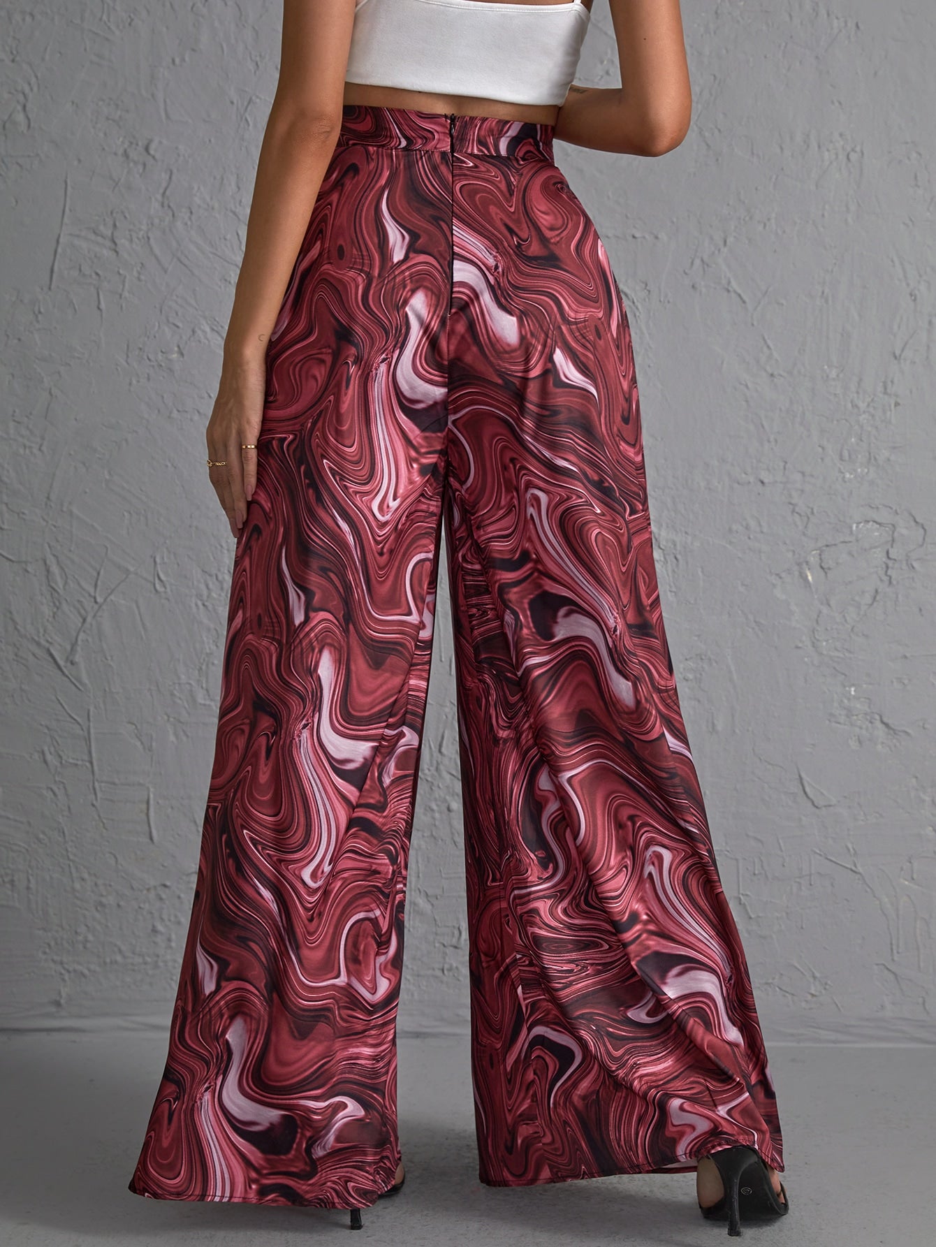 High Waist Marble Print Wide Leg Pants