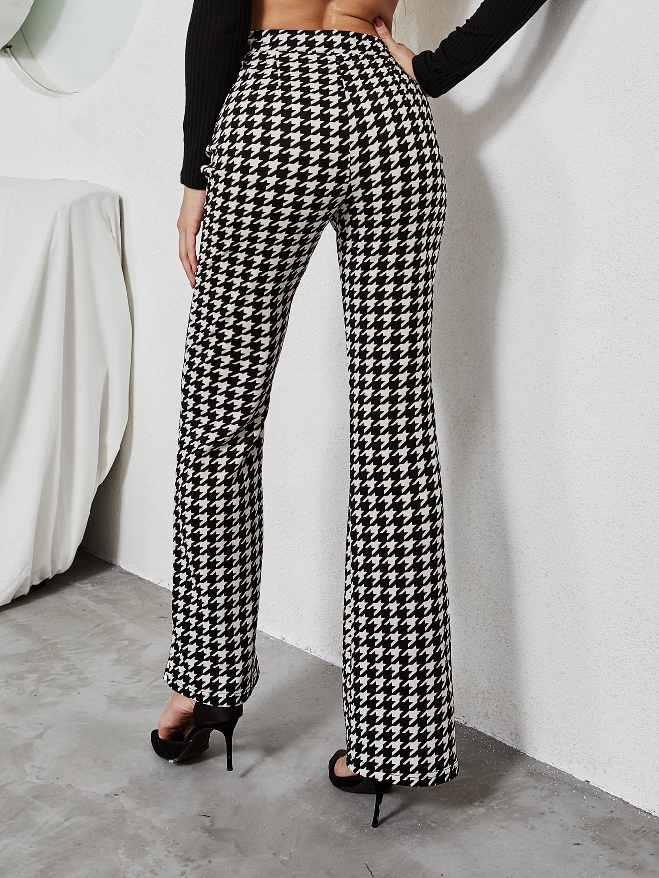 High Waist Houndstooth Flare Leg Pants