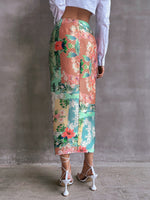 High Waist Geo & Floral Print Ruched Split Thigh Skirt