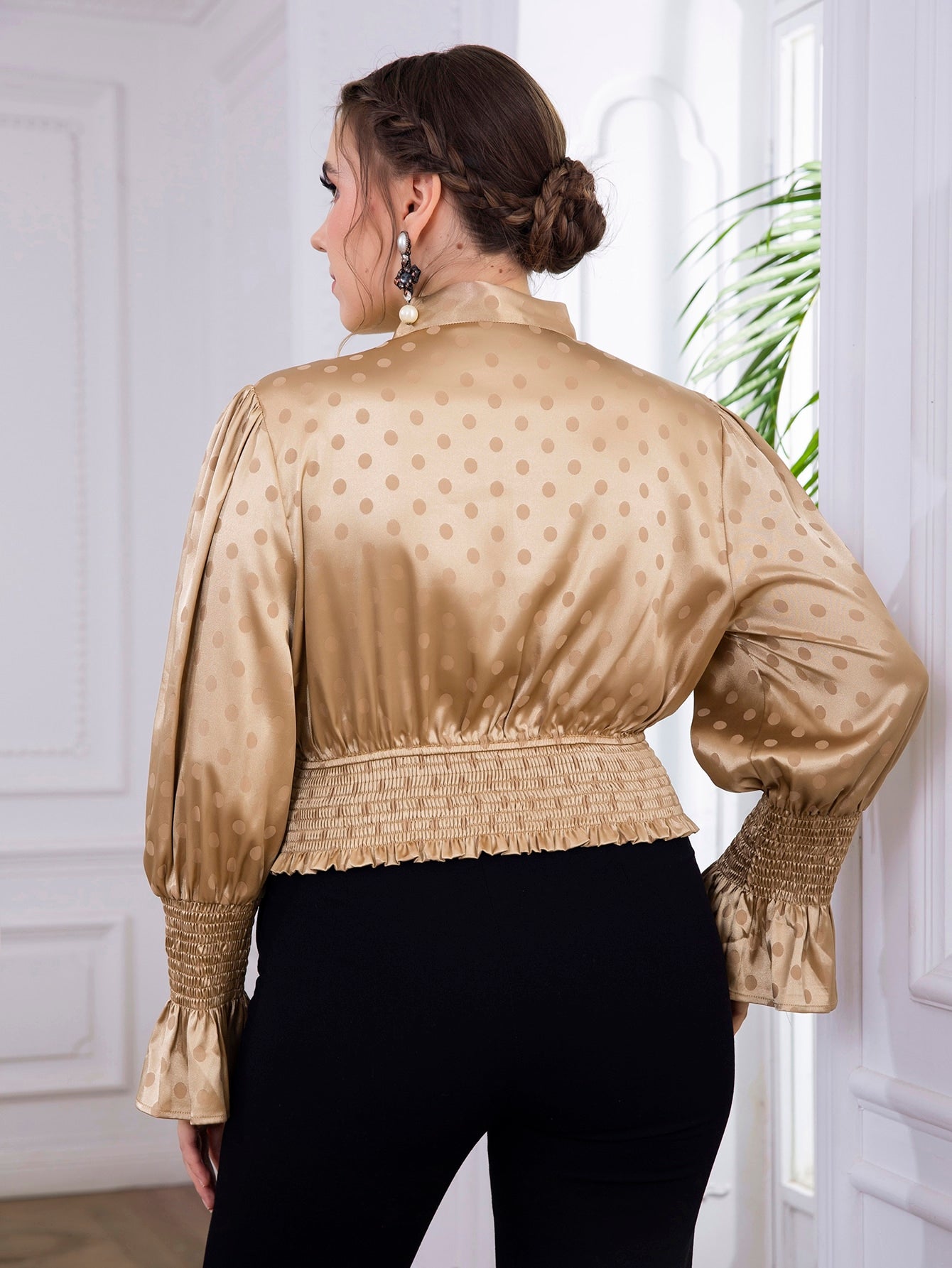 Plus Polka Dot Print Tie Neck Flounce Sleeve Satin Blouse